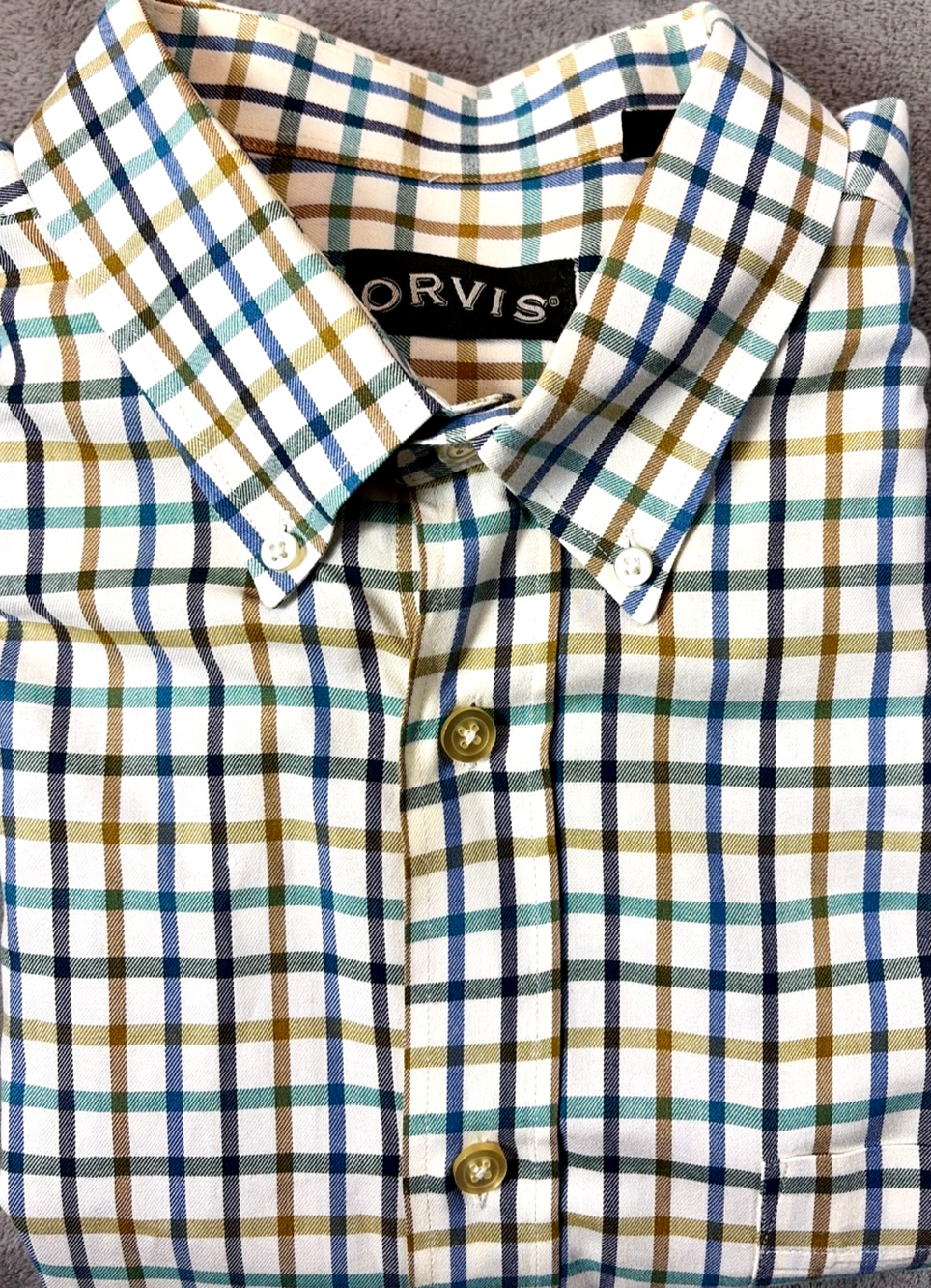 Orvis Country Twill White w/ Blue Green Gold Window Pane Mens XL L/S Button Down